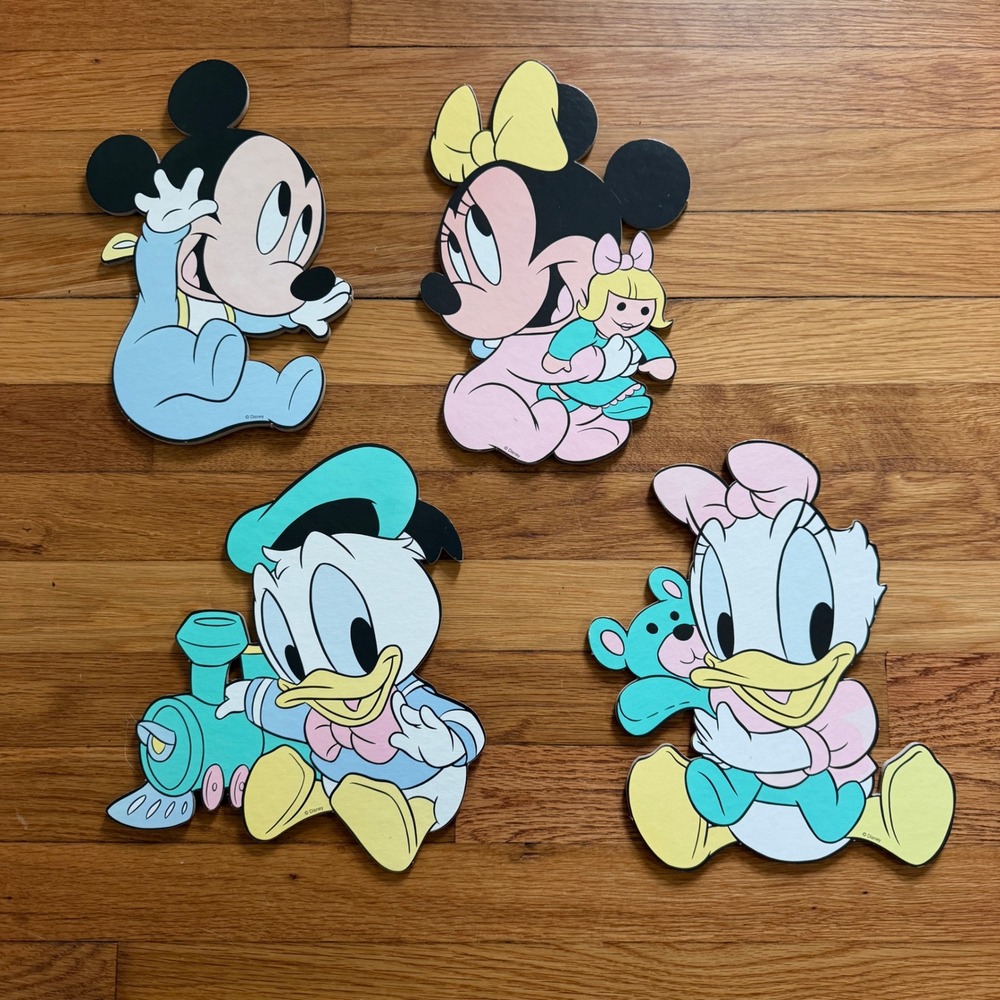 Vintage Disney Babies Cardboard Wall Hangings Mickey Minnie Donald Daisy Set 4